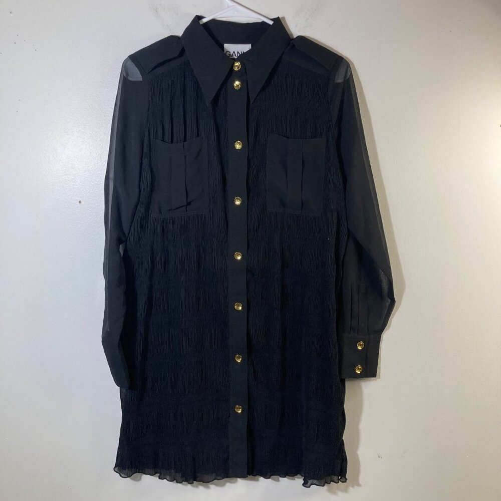 Womens Ganni Pleated Georgette Shirt Dress Black 2/EU34 Crinkled Polyester
